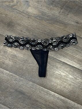 Yandy Blue Black Silver Thong Medium NWOT